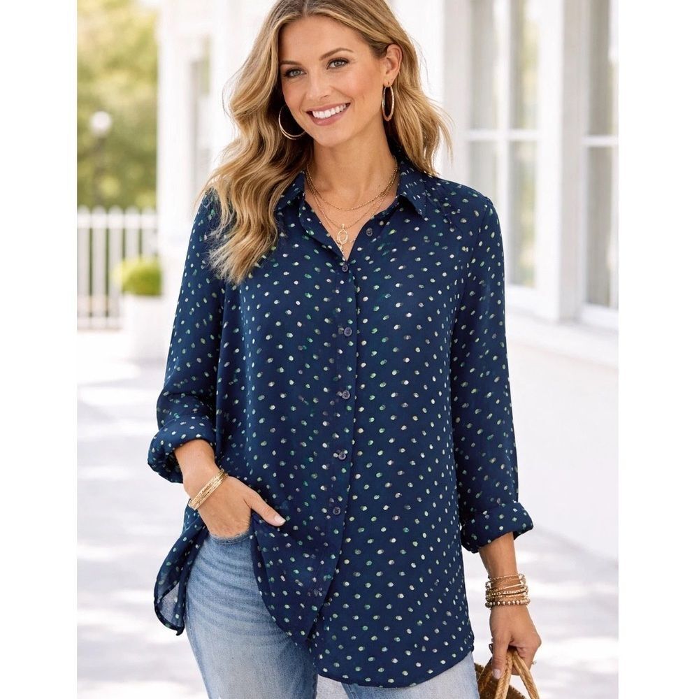 CAbi Navy Green Polka Dot Chiffon Button Down Long Sleeve Shirt Size Small - Picture 1 of 7
